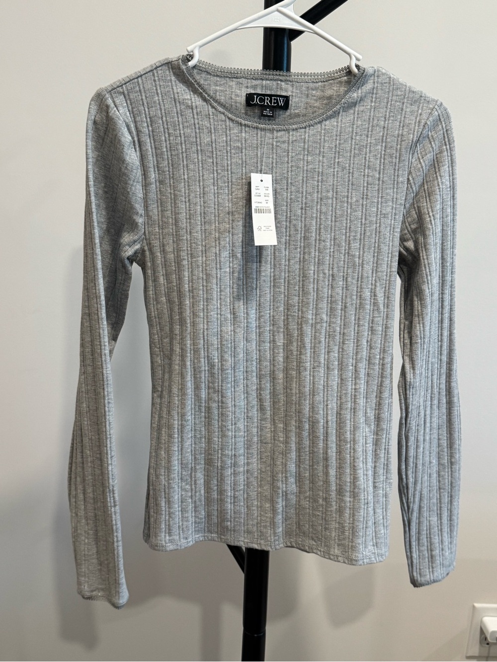 J. Crew Ribbed Crewneck Long-Sleeve Top — Gray